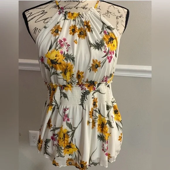 Express Floral Halter Top Women Large Smocked Peplum Waist Cream Yellow Girly - Picture 2 of 11
